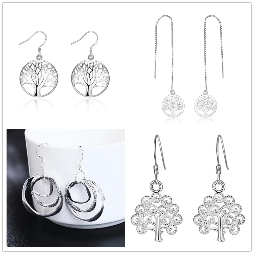 Wholesale 4 Pair Set 925 Sterling Silver Fashion Tree Charms Earrings , Women Lady Girl Wedding Party Jewelry Cute