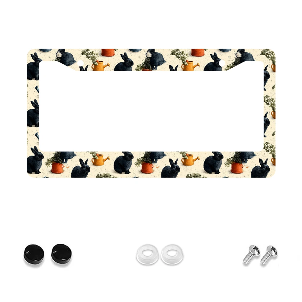 

1 шт., рамка для номерного знака с 2 отверстиями в стиле ретро, черный кролик и оранжевый горшок, алюминиевый материал, 6x12 дюймов, с набором винтов, Fun C