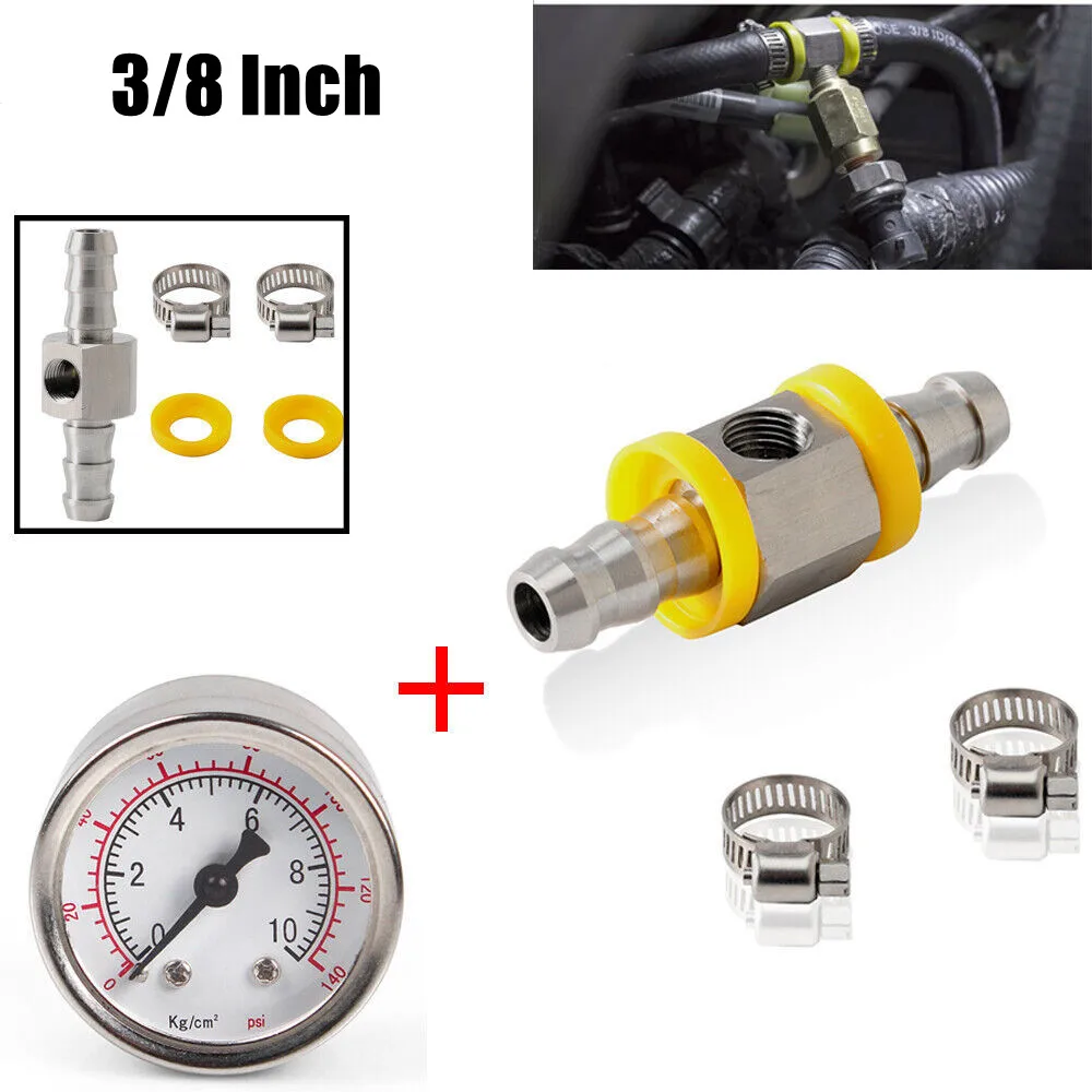 1SET 3/8 Inch 0-140PSI Universal Fuel Pressure Gauge Fuel Line Gauge Sensor T-Fitting Adapter Connection Accessories Part