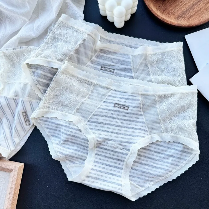 SP&CITY Gray Striped Cotton Seamless Underwear for Women Mid Waist Lace Mesh Sexy Panties Soft Breathable Student Daily Briefs