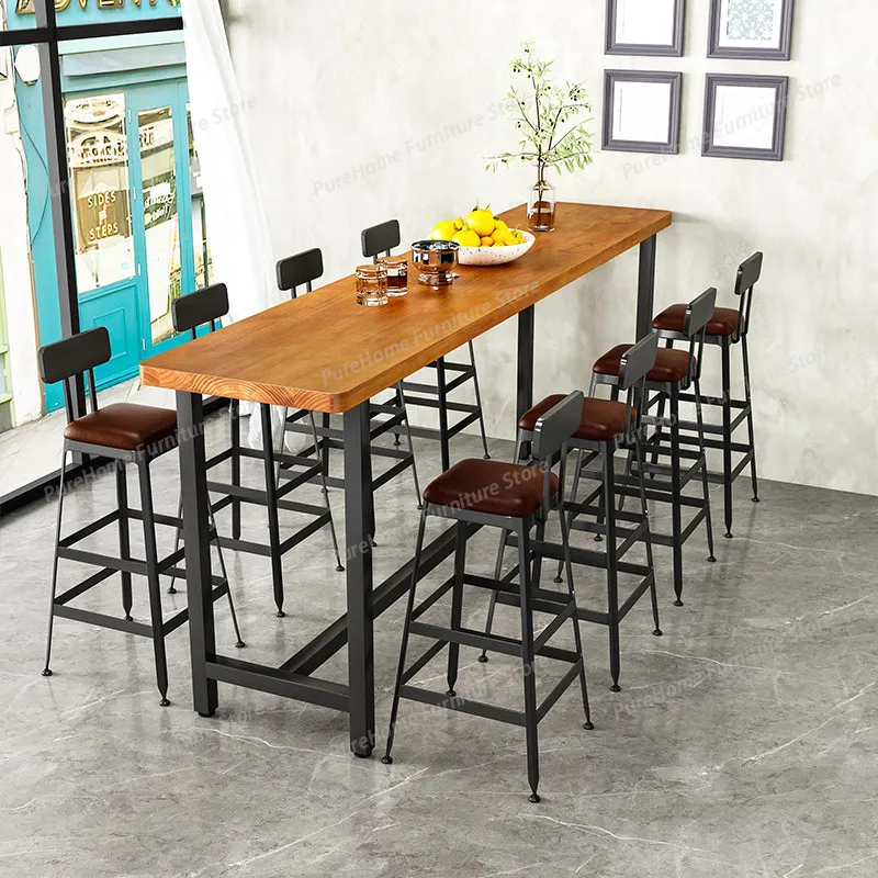 

Vintage Style Solid Wood Bar Table with Iron Base - Long Console Table and Stool Set for Cafe, Commercial Use Bar Furniture