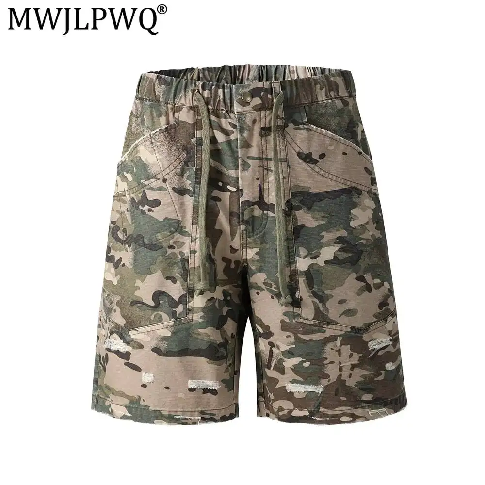 MWJLPWQ Camouflage Work Shorts Men Summer Style Unique Design Pockets Sporty Loose Casual Distressed Straight-Leg Pants 20074
