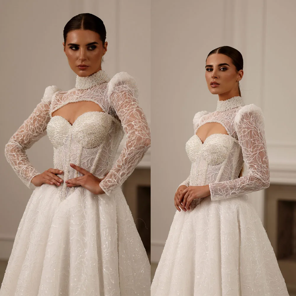 Luxury A-Line Wedding Dresses with Jacket Sexy Long Sleeves Beads Applique Lace Bridal Gowns Sweep Train Lace-Up Back Customized