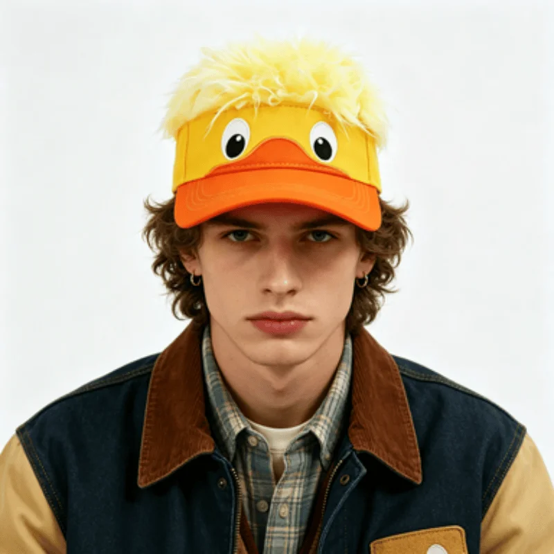 Lustiger Enten-Schirmhut mit Kunsthaar, Neuartiger Gelb-Oranger Verstellbarer Sonnenschirm für Männer und Frauen, Einzigartige Lässige Streetwear-Kappe – Detail 3