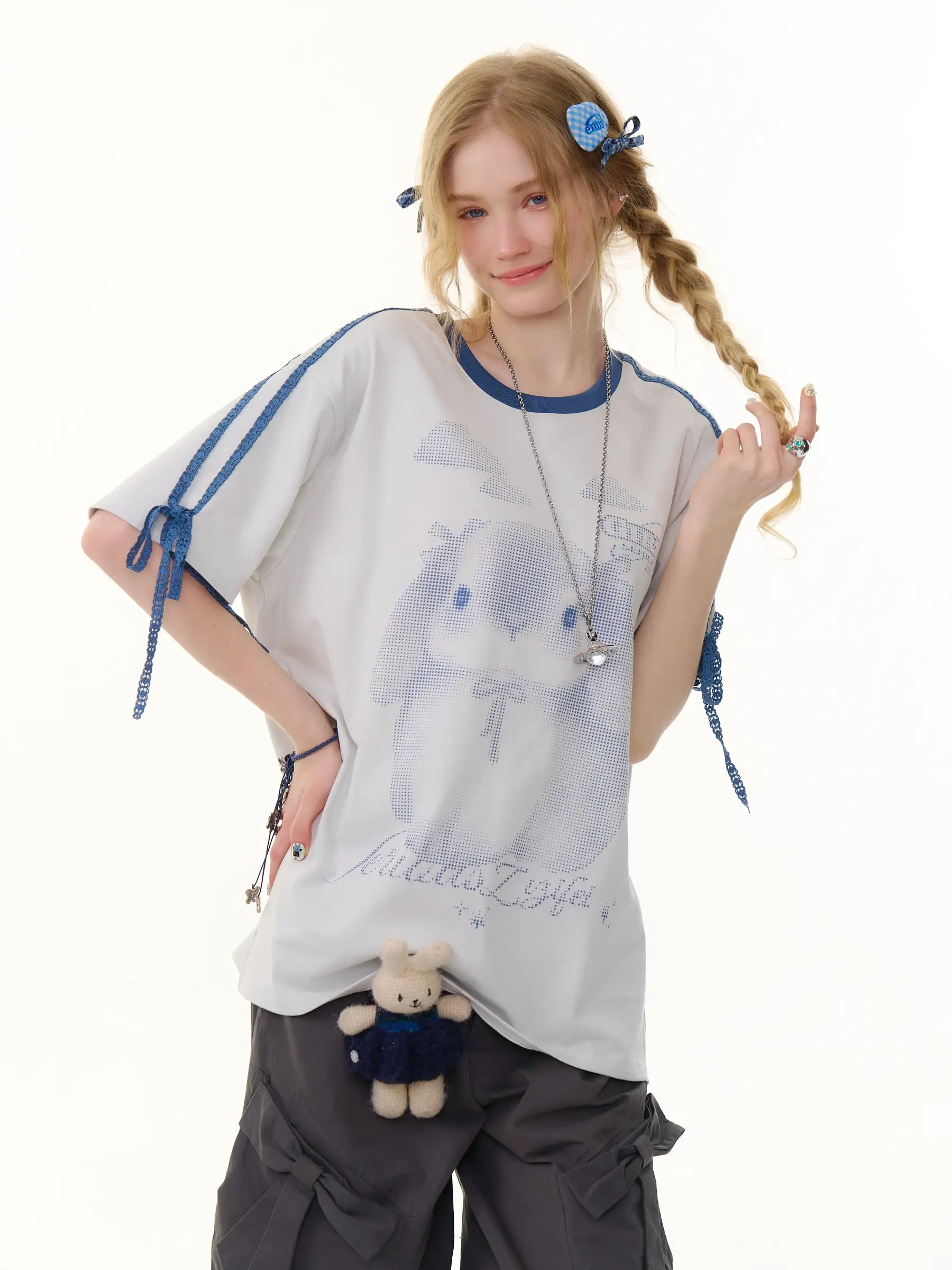 

ZiziFei Summer New American Retro Design Rabbit Print Color Blo Loose round Ne ort Sve T irt Women Casual Sle Co...