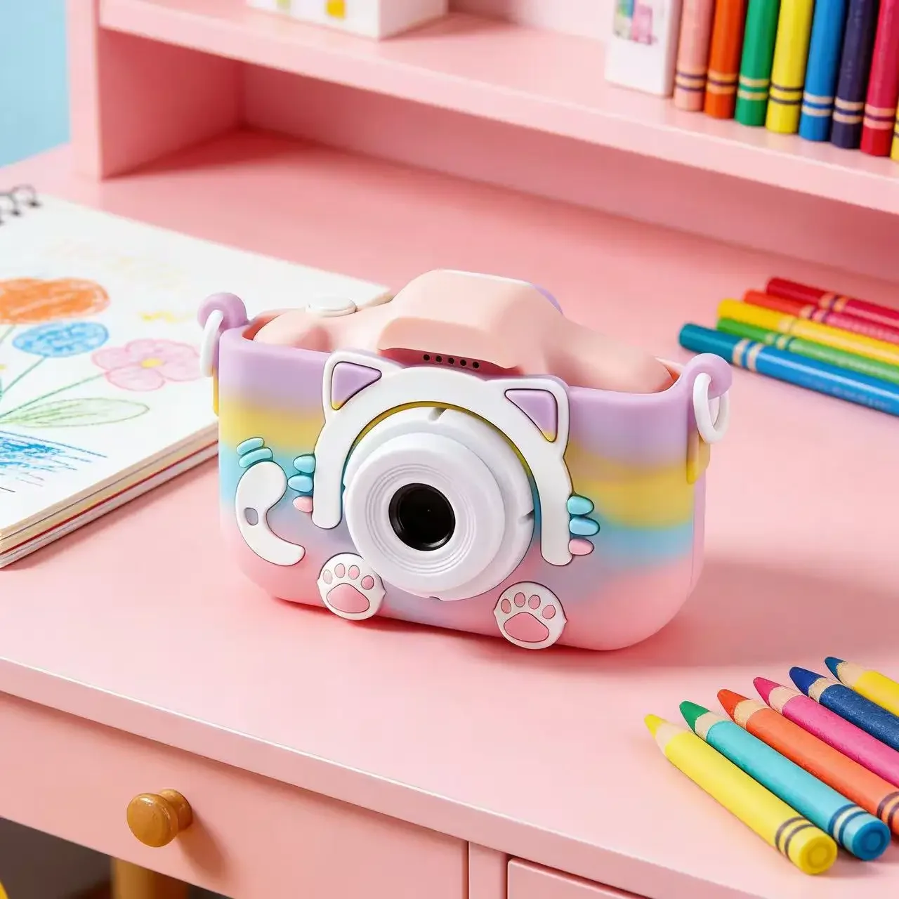 

Умная детская камера с мультяшным радужным котом, HD, двойной объектив, фото и видео, MP3-плеер, игры, 4-в-1, игрушечная камера для мальчиков и девочек, подарок на праздник