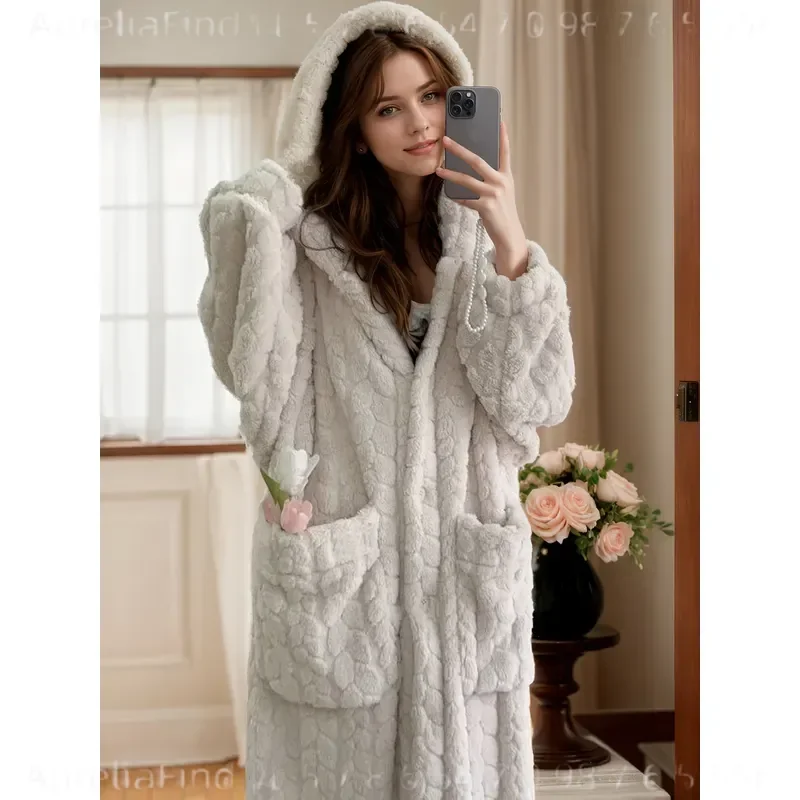 Women's Flannel Robe Autumn Winter Coral Fleece Long Loungewear Slouchy Sleep Robe Soft Warm Cozy Bathrobe Loose Housecoat For Indoor Home Wear Nightwear view 4