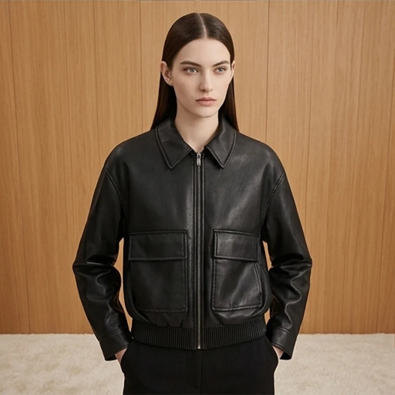 

Black Crop Leather Jacket Fashion Chic Lapel Long Sleeve Zipper Pocket Loose Jackets 2026 New Spring Lady Street Outwears New