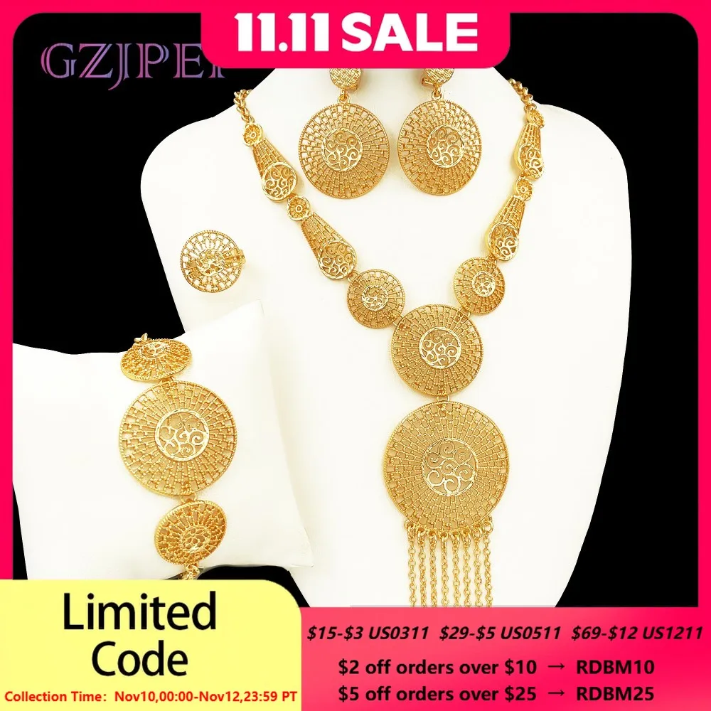 

GZJPEI 4Pcs Gold Color Tassel Jewelry Set Nigerian African Long Chain Necklace Earring Bracelet Ring For Women Wedding Gift 2025