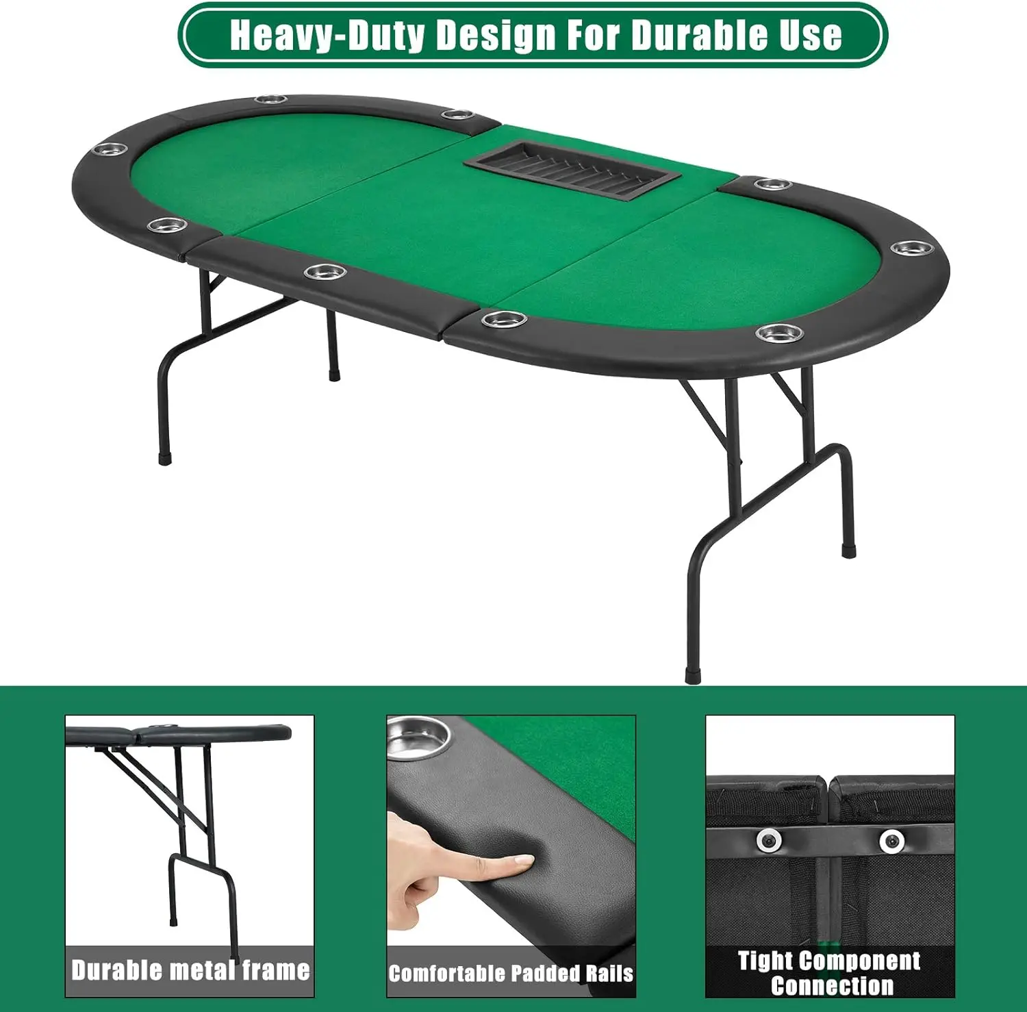 Poker Table w/Stainless Steel Cup Holder for 9 Player w/Leg, Casino Leisure Table Top Texas Hold 'Em Poker Play Table, Green Fel