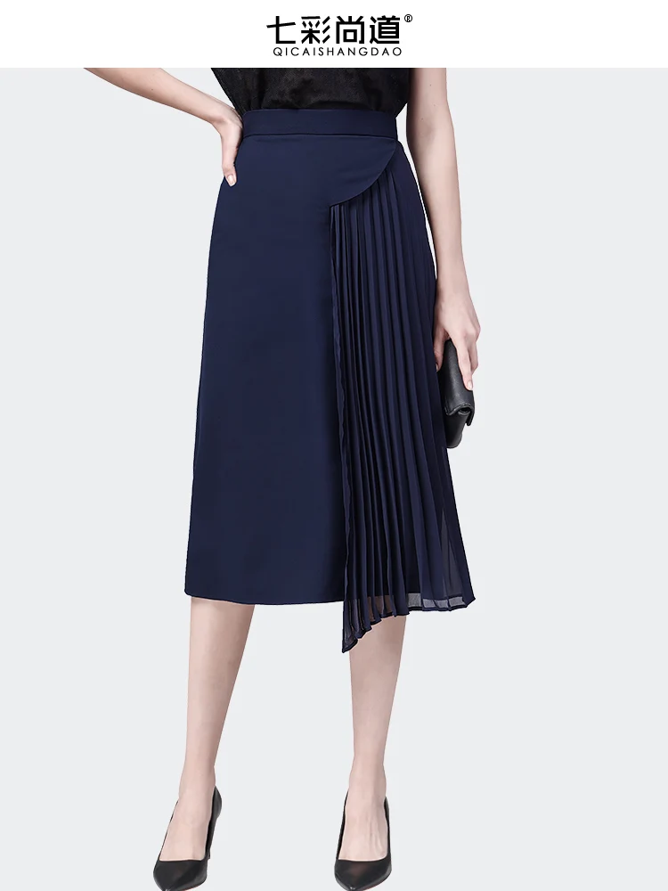 Fashion Asymmetrical Women High Waist A-line Pleated Skirt 2024 Fall Winter Mid-length Office Ladies Blue Chiffon Spliced Skirts