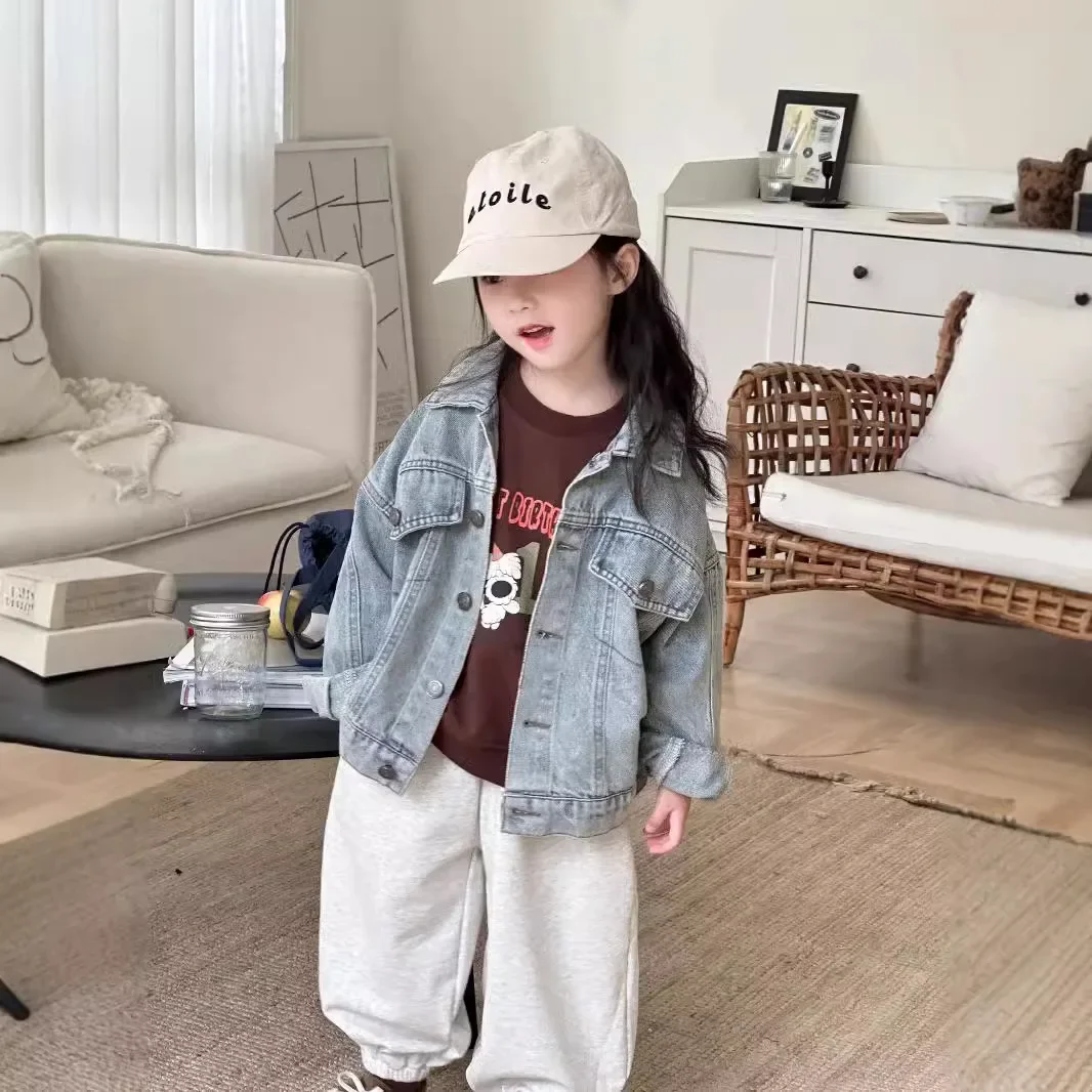 

Girls Coat 2024 Autumn New Childrens Wear Korean Style Boys and Girls Foreign Washed Retro Lapel Denim Casual Simple Daily