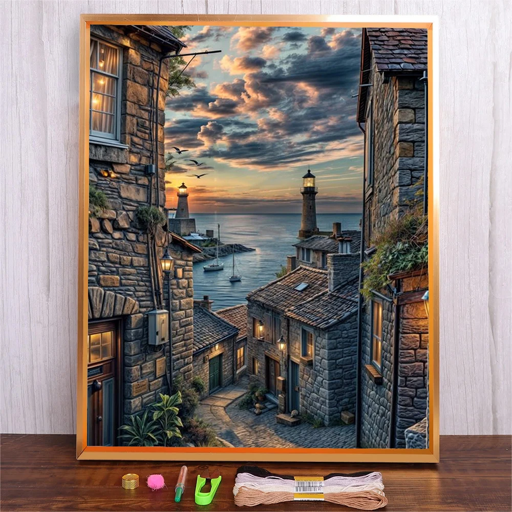 Kit de bordado de hilos DMC, accesorios, ciudad costera incluida, costura hecha a mano para adultos, punto de cruz, regalo de decoración del hogar