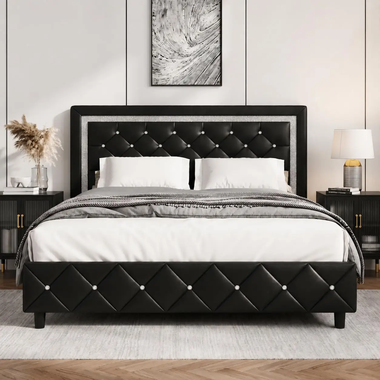Queen Bed Frame Diamond Headboard Upholstered Platform Black, Customized