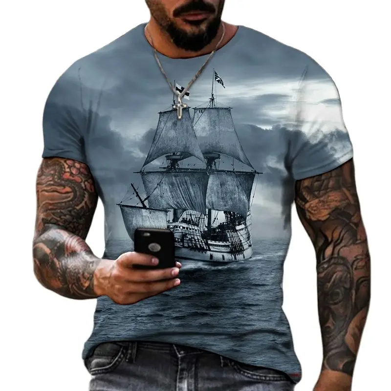 Camisetas Vintage de barco para hombre, Camiseta de manga corta con cuello redondo y estampado 3D de barco pirata para hombre, camisetas de gran