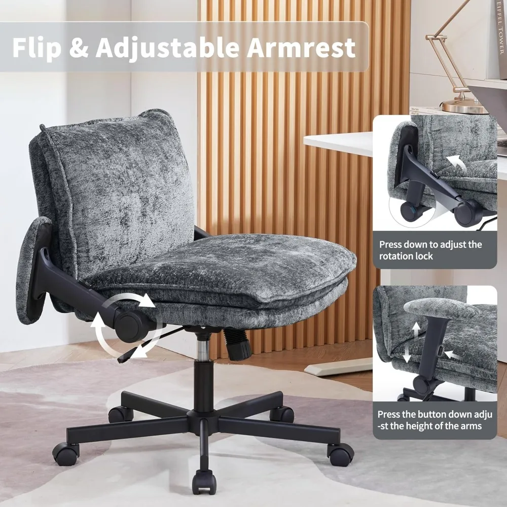 كرسي مكتب بأرجل متقاطعة مع عجلات وأذرع قابلة للتعديل، كرسي مكتب متقاطع مع وسادة سميكة، كرسي مقعد عريض