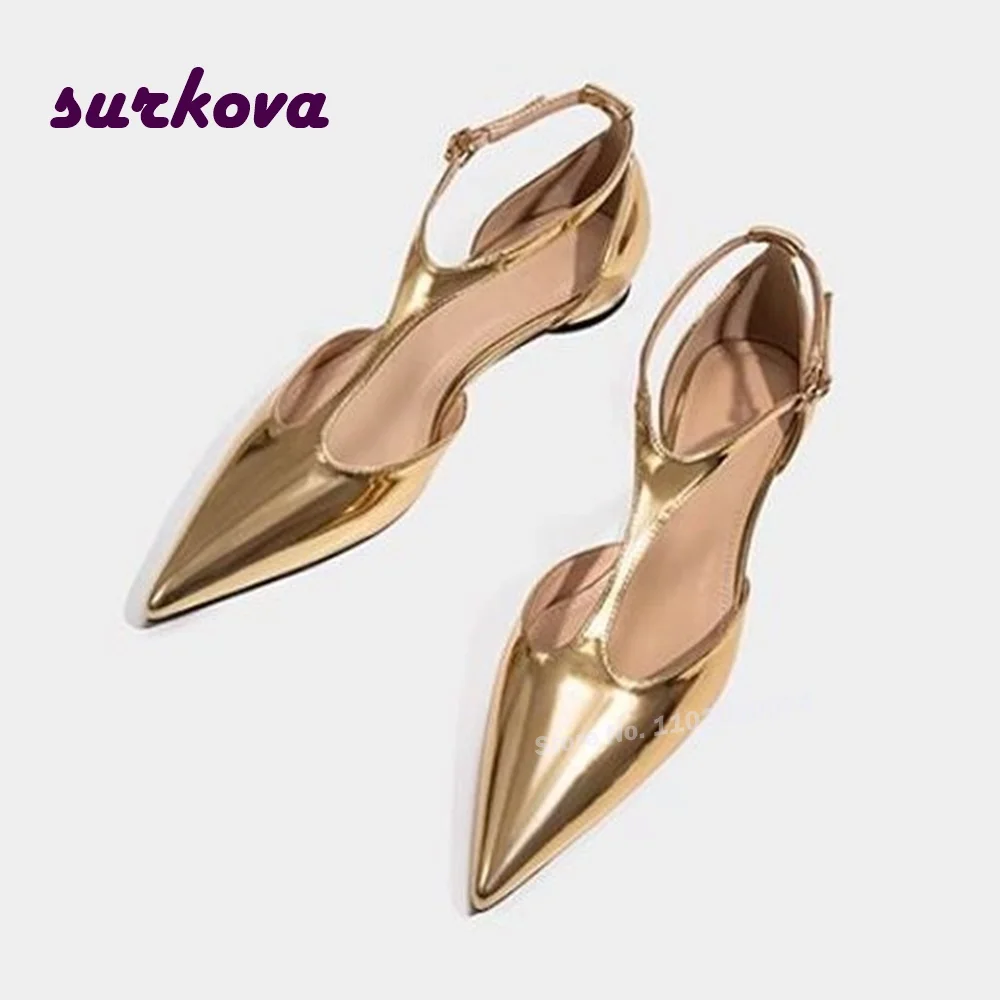 

Gold Pointy Toe T-Strap Pumps Patent Leather Mirror Flat with Women's Pumps Solid Buckle Strap Side Air Sexy Party Shoes Elegant