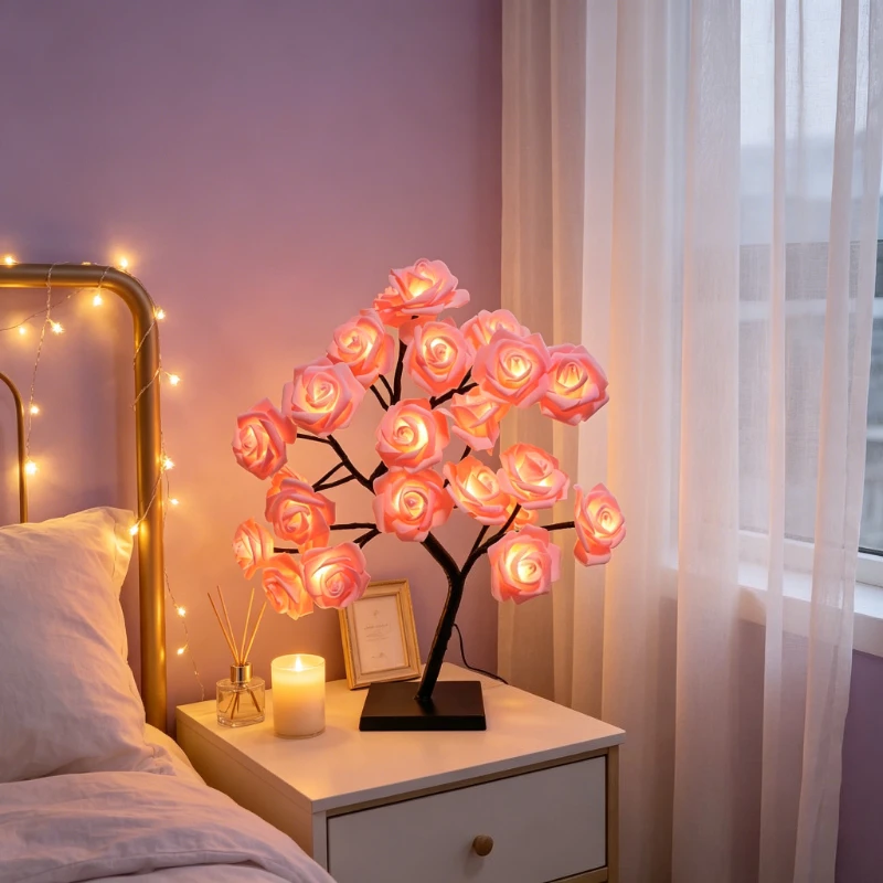 24LED Rose Tree Lights USB Powered Rose Night Lights Suitable for Bedroom Desktop Decoration and Gift Selection