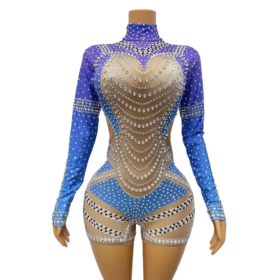 Fashion Design Nude Blue Stretch RhienstonesRompers Birthday Party Bodysuit Women SingelPerformancejumpsuit Costume wanxia  C128
