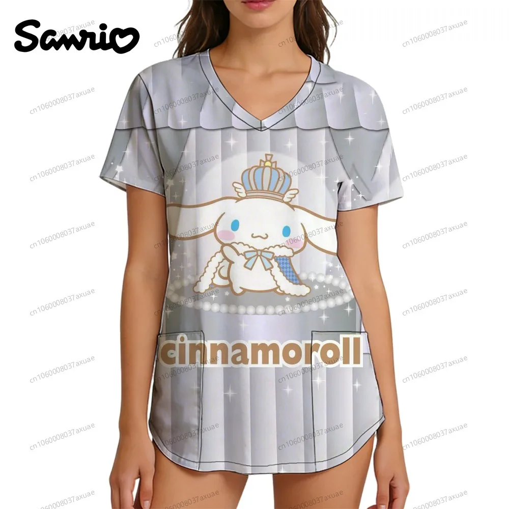 

Women's Tops Streetwear Clothing Kawaii Sanrio Cinnamoroll Cute Cartoon New 2026 Nurse Uniform Polka Dot V Neck Women Summer Top