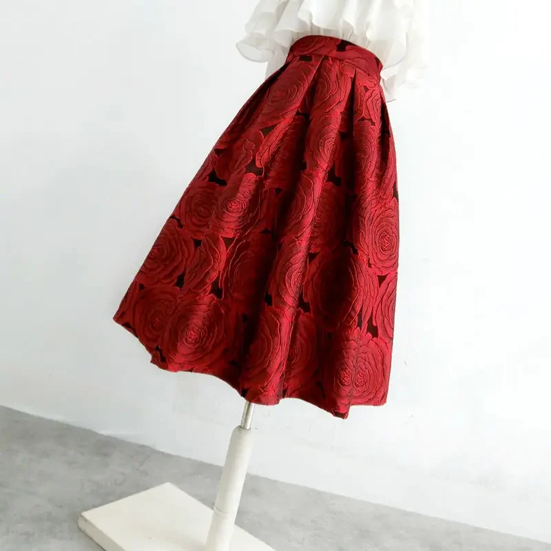 

2024 Retro Floral Aesthetic Jacquard High-waisted Long A-line Pleated Skirt Spring Autumn Hepburn Vintage Elegant Women C95