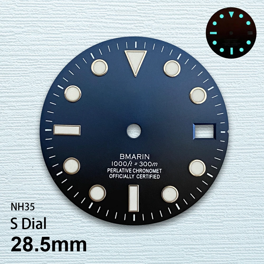 Esfera SUB Sunburst con logotipo S de 28,5mm compatible con movimiento japonés NH35/NH36/4R/7S, accesorios de modificación de reloj luminoso azul hielo