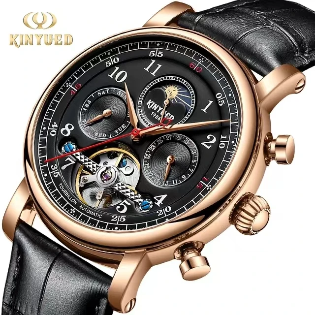 

Kinyued J082 Automatic Mechanical Watch for men Hollow Design Multifunction Leather Strap Business Watch Waterproof Hand Clock