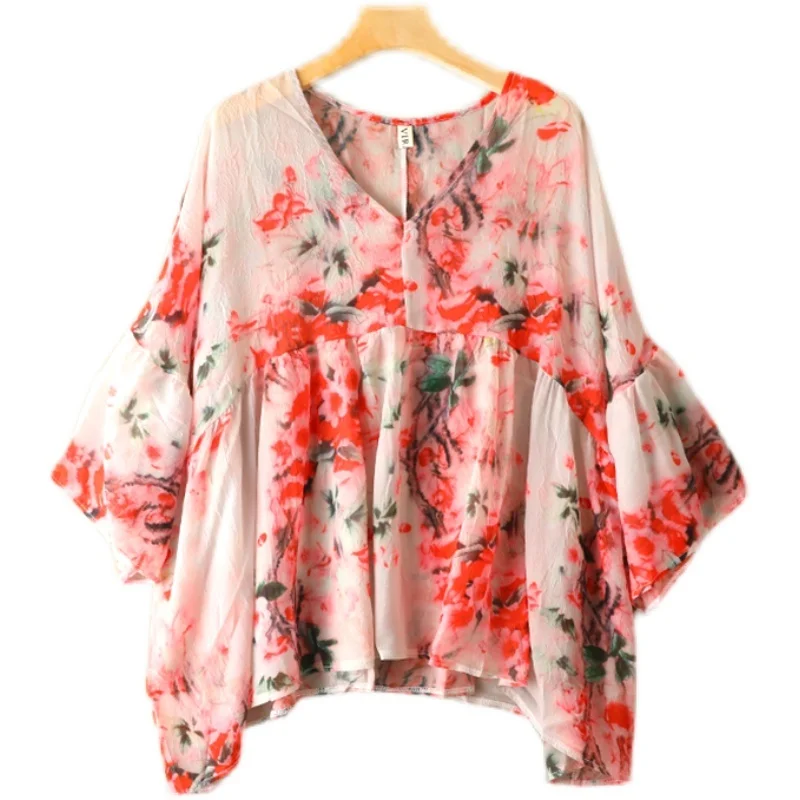 Retro Asymmetric Floral Print T-irt with Bell Sves V-Ne Splice Pleated plus Size Women's Summer Top for Commuting