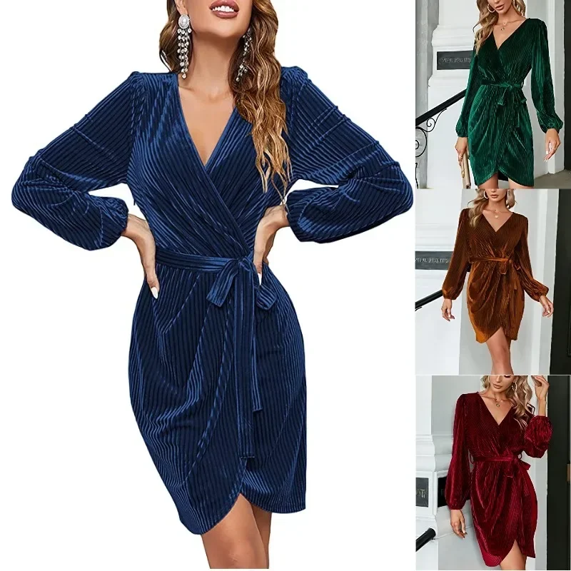 

V Neck Lace Up Sexy Women Dress Party Lace Up Elegant Work Lantern Sleeve Mid Waist Splice A Line Short Dresses Autumn Vestidos