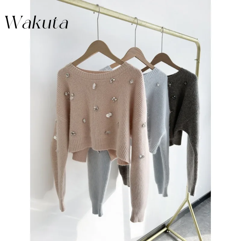 WAKUTA Japanese Elegant and Sweet Round Neck Long Sleeved Solid Knitted Sweater Kawaii Back Slit Nail Bead Decorative Pullover