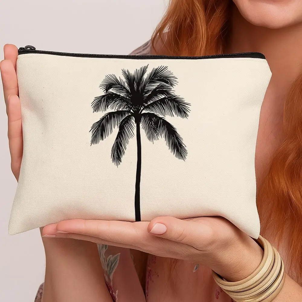 Minimalist Tropical Modern Design Makeup Bag - Lightweight Travel Organizer with Palm Tree Outline, Portable Toiletry Case