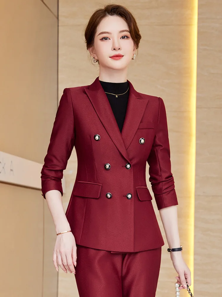 Fashion Pant Suit Women Business Work Wear Double Breasted Blazer And Trouser Black Red Green Formal 2 Piece Set With Pocket