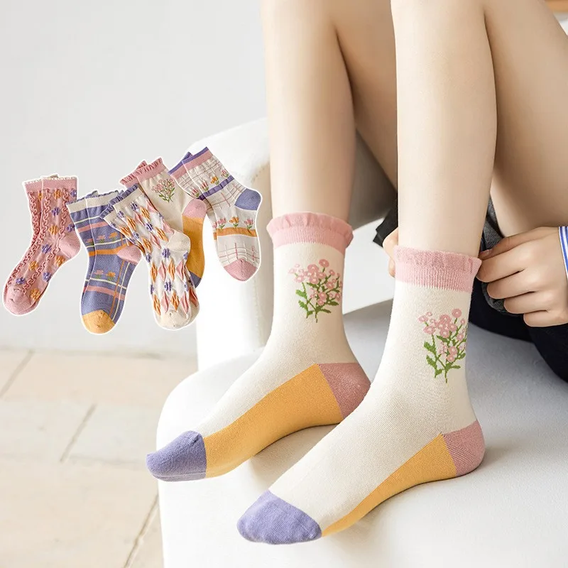 Socks For Women New Fashion Versatile Pink 3D Embossment Fried Dough Twists Flower Print Breathable Women's Cotton Socks I214