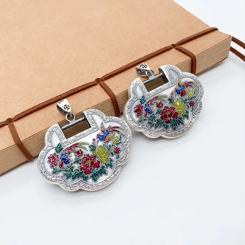Classic National Style Enamel Colored Pastoral Style Flower and Phoenix Ruyi Lock Pendant 925 Silver Necklace for Women Jewelry