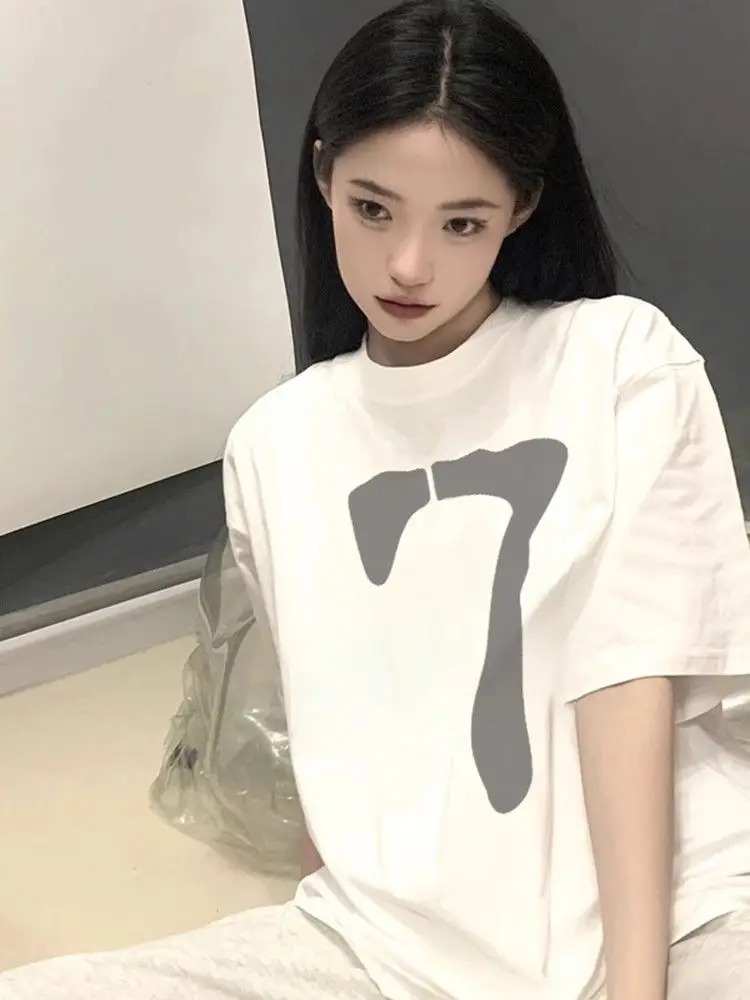 

Летняя футболка с короткими рукавами из 100% хлопка с буквенным принтом, женская новая свободная и универсальная повседневная футболка в студенческом стиле Ins Tide