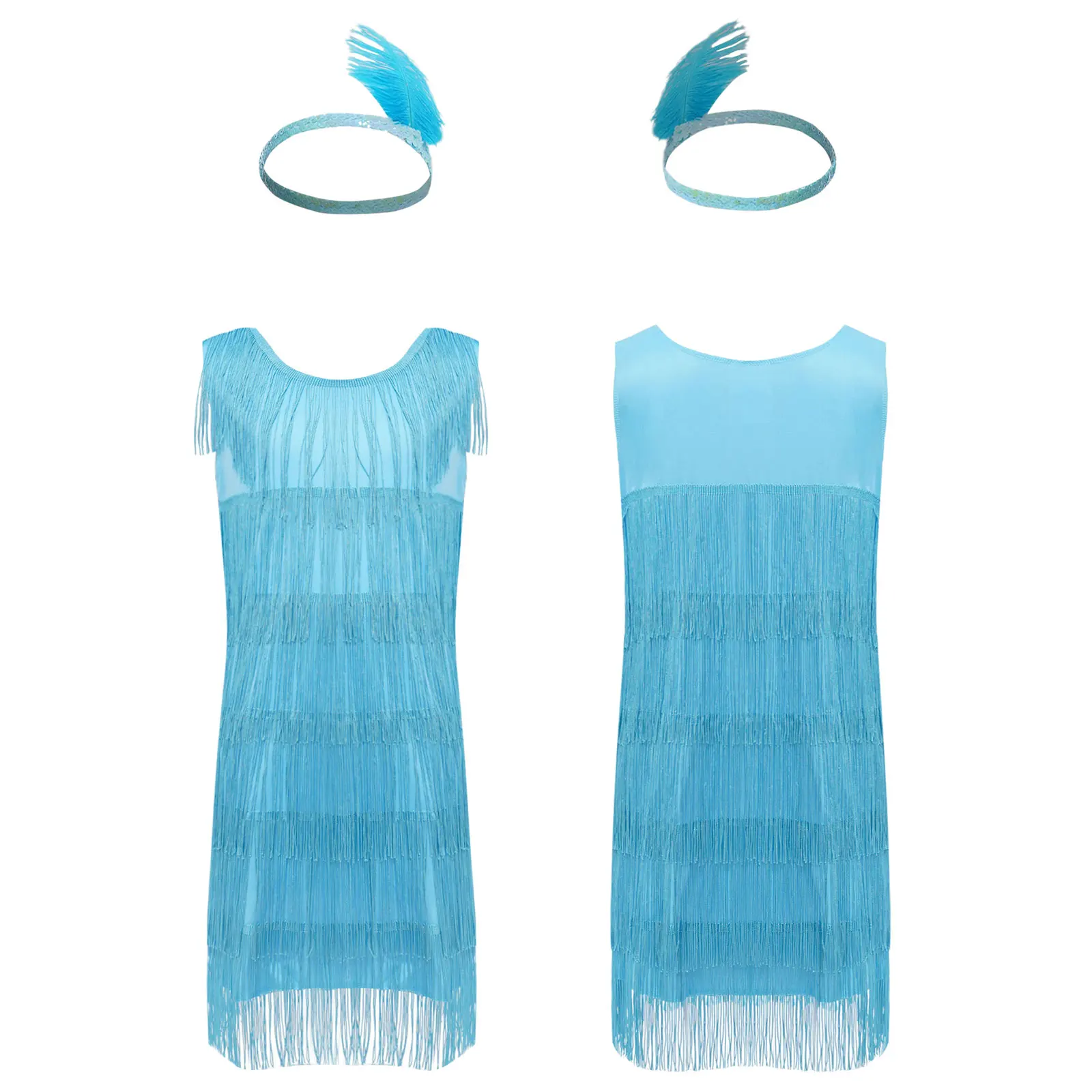

Girls Latin Latin Jazz Salsa Samba Dress Dance Performance Costume Outfit Sleeveless Tiered Tassels Dress with Feather Headwear