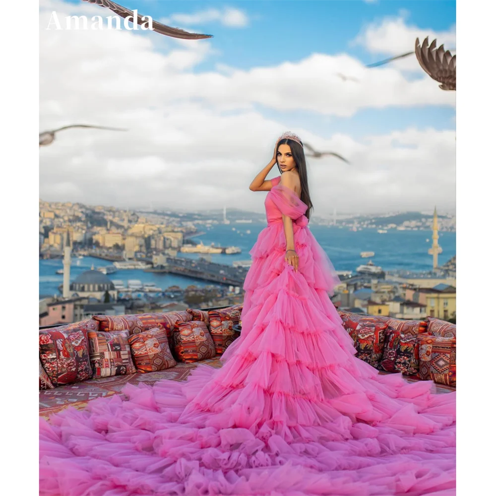 Amanda Gorgeous Flying Dress Hot Pink Prom Dress 2024 Princess Off Shoulder Formal Occasion Dresses Sexy Multilayer Party Dress