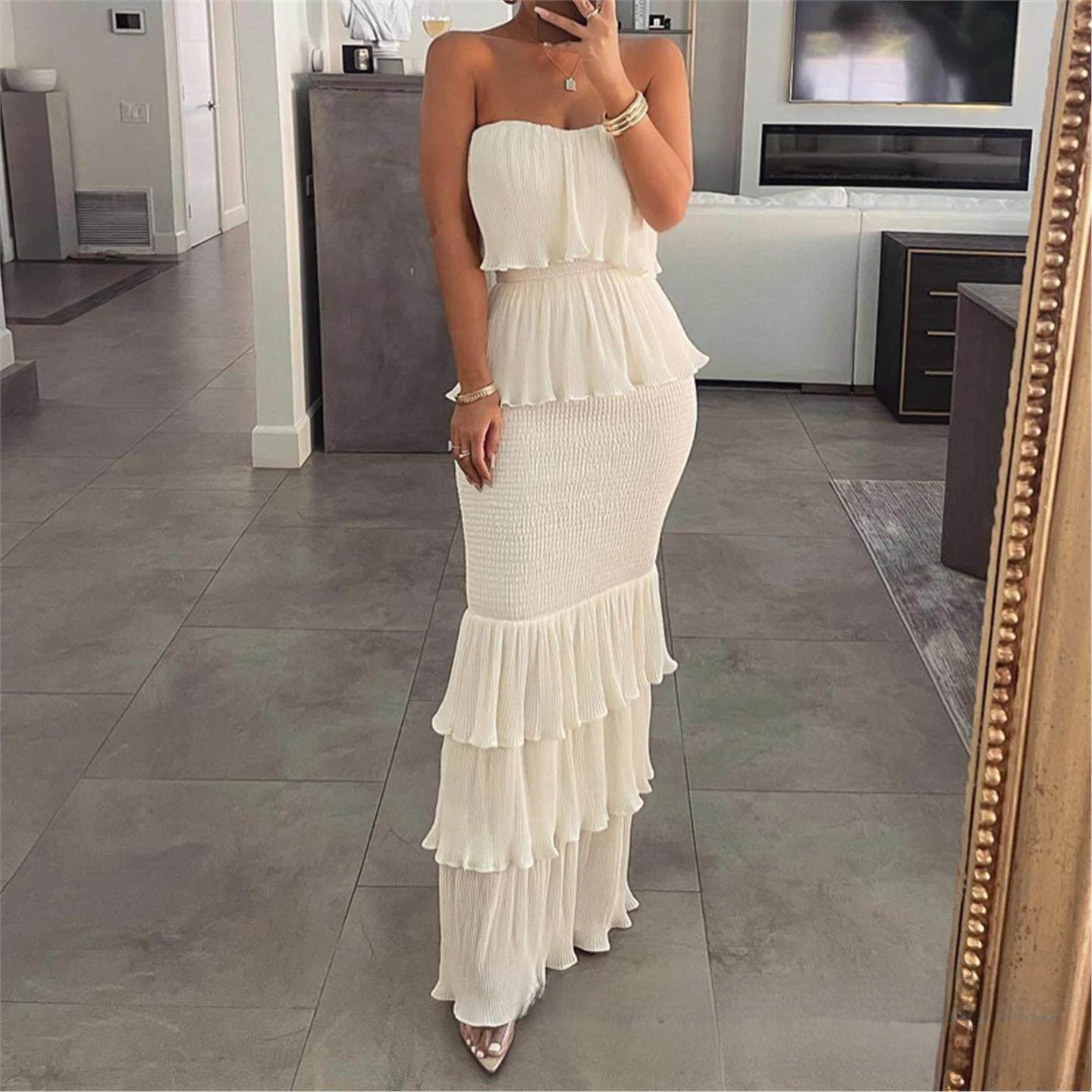 

Cross-Border New Style Lazhouji2502P1 Long Skirt with Strap Buckle Pleated Lace Trim Commute Style mid Waist Other