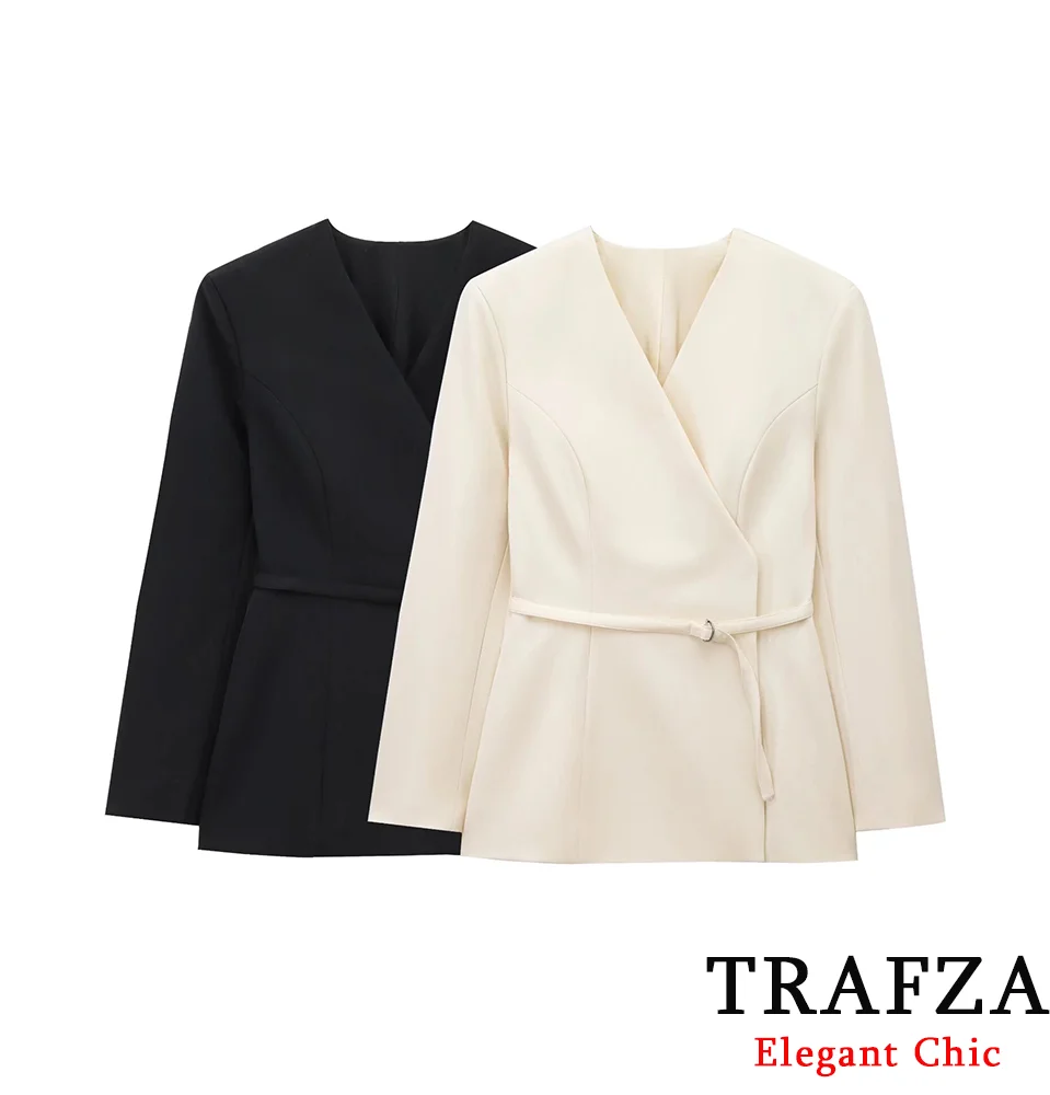 

TRAFZA Women Black Beige Belt-Wrapped Suit Coat Buttons Suit Coat New 2025 Fashionable Spring/Summer Commuter Formal Suit Coat
