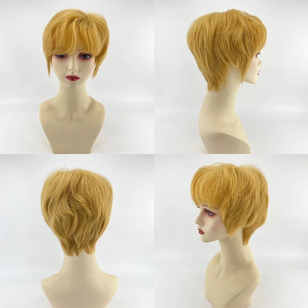 Human Hair Wig Short Pixie Cut #27 Honey Blonde Silk Base Crown Natural Wave Thin Swiss Lace Breathable for Women Summer