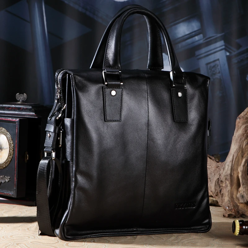 

YETTIES Men's Genuine Leather Vertical Briefcase, 14 Inch Laptop Shoulder Bag, Spacious Business Organizer for Work Commute