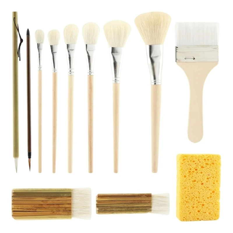 Ceramic Painting Brush Set 12 Piece Paint Brush Set with Sponge, Assorted Brush Styles for Pottery, Watercolor, Acrylic, K92C