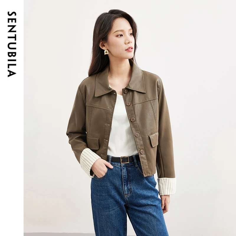 

SENTUBILA Retro PU Faux Leather Jackets for Women 2024 Autumn Patchwork Cuffs Button Down Moto Biker Cropped Jakect W43G57372X