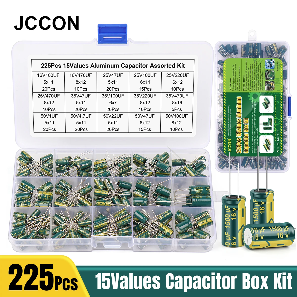 225Pcs/Box Capacitor Kit JCCON Aluminum Electrolytic Capacitors Set 15Values 16V-50V 1uF-470uF Assorted Kit Storage Low ESR