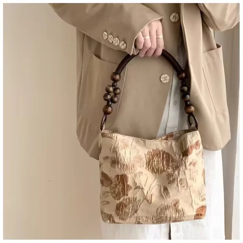 Vintage Beads Chain Handle Shoulder Bag Embroidered Print Flower Handbag Fashion Bucket Bag Underarm Bag for Women