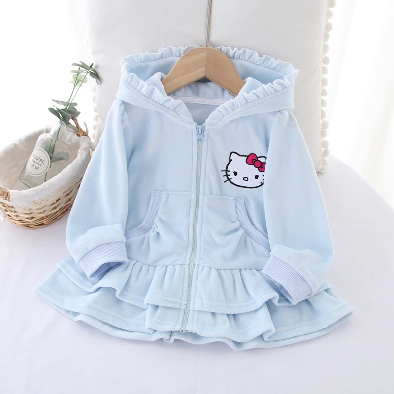 Hello Kitty Dresses Sanrios Anime New Girl Jacket Spring Autumn Model Children Hooded Zipper Shirt Female Baby Velvet Clothes