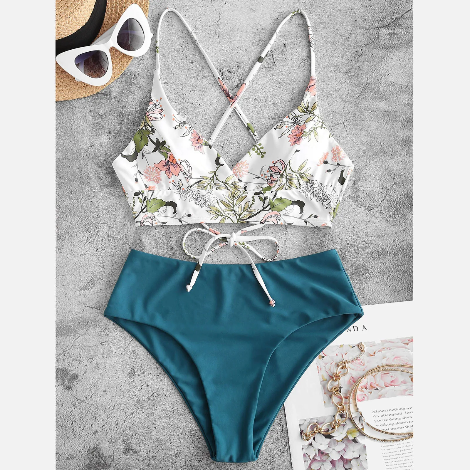 купальник женский Boho Leaf Flower Print Bikini Set Women Summer Sexy Cross Backless Bandaeg Swimwear Hawaii High Waist Swimsuit