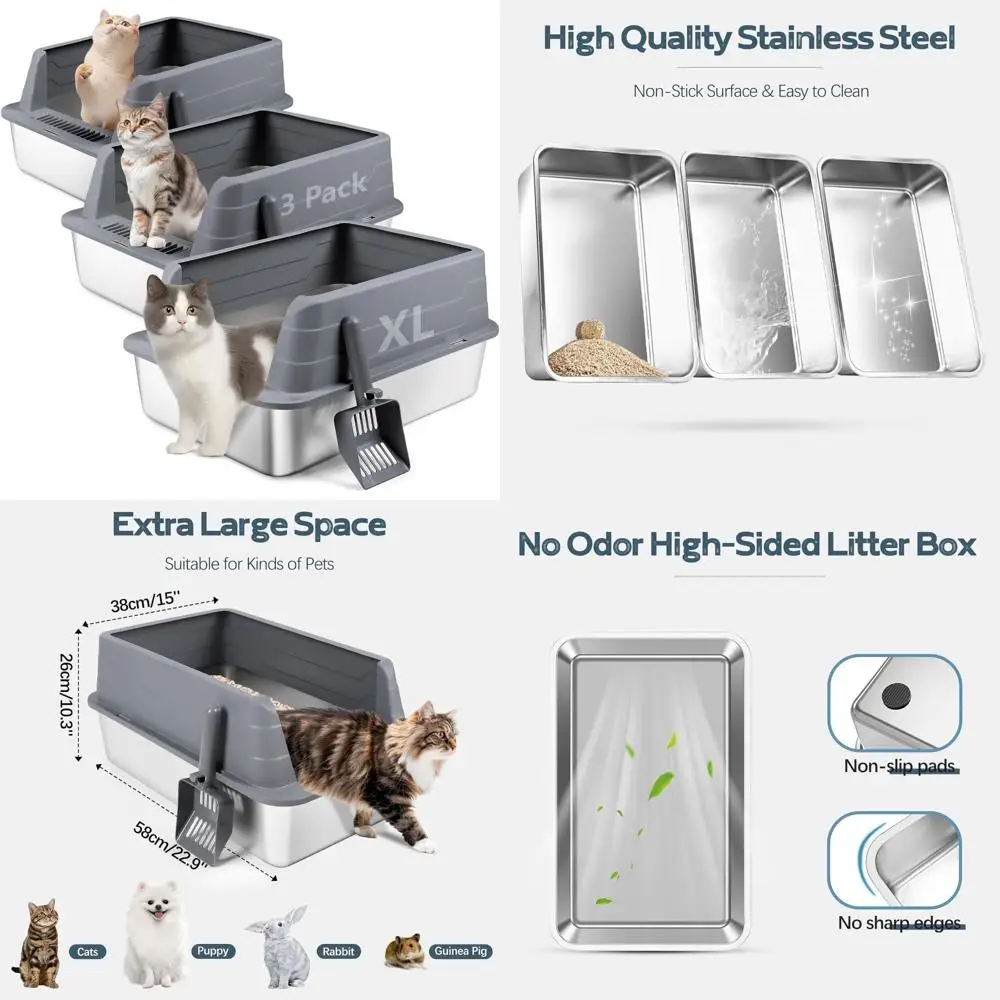 

Очень большие высокосторонние кошачьи лотки из нержавеющей стали с совок, металлические лотки для мусора XL 22,9 x 15 x 10,3 для защиты от разброса, 3-P