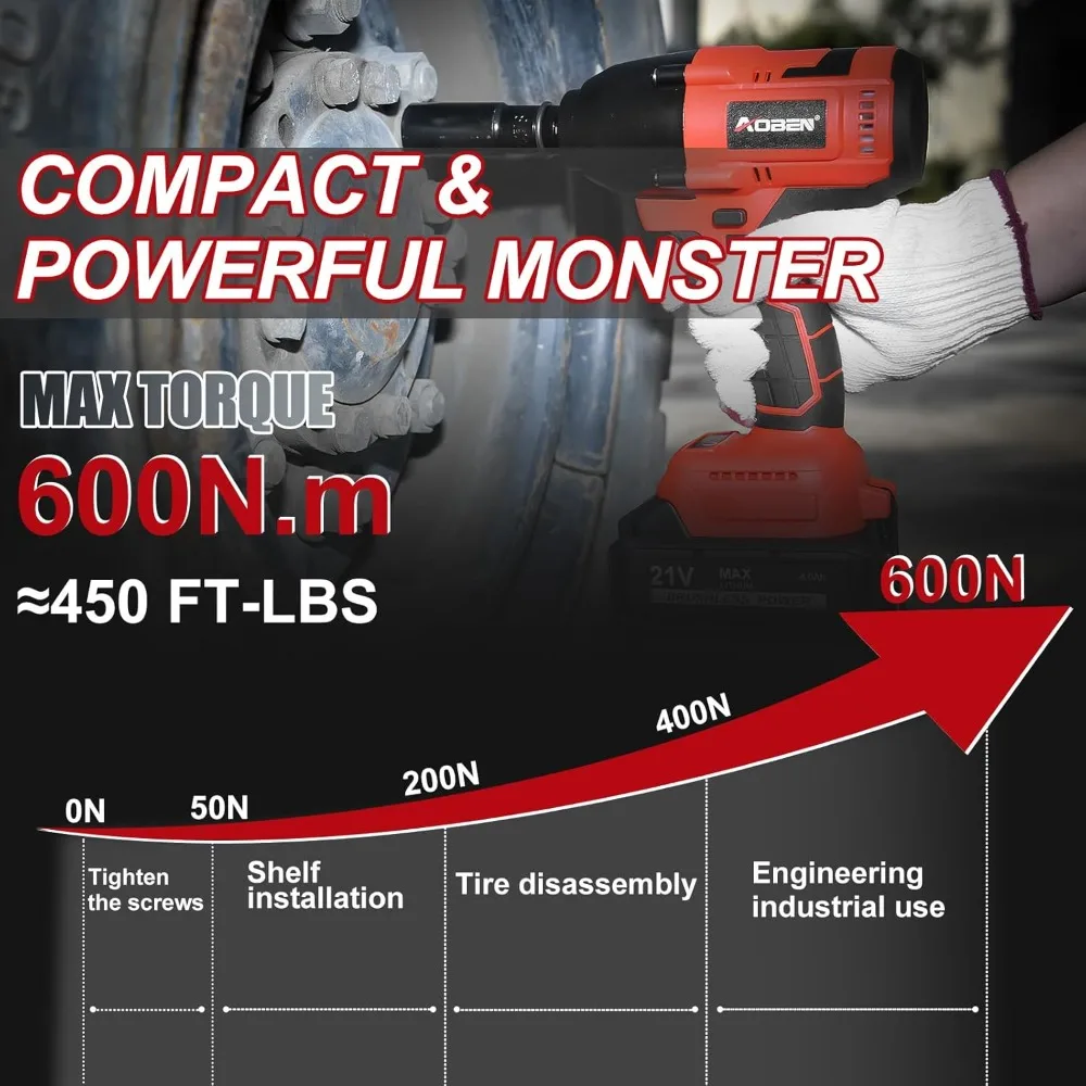 AOBEN Cordless Impact Wrench, Kit Power Gun, Max 600N, 1/2 "High Torque Impact Driver para carro, pneu RV, M/450 pés-lbs