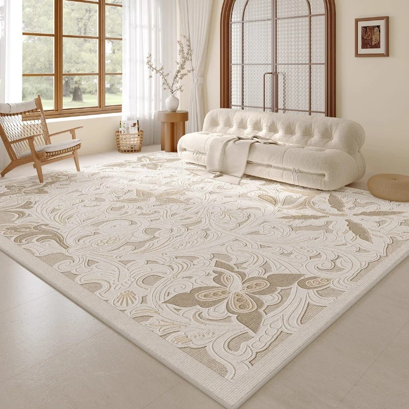 French Cream Style Carpets for Living Room Light Luxury Bedroom Decor Carpet Artistic Flowers Bedside Rug Home Thicken Floor Mat